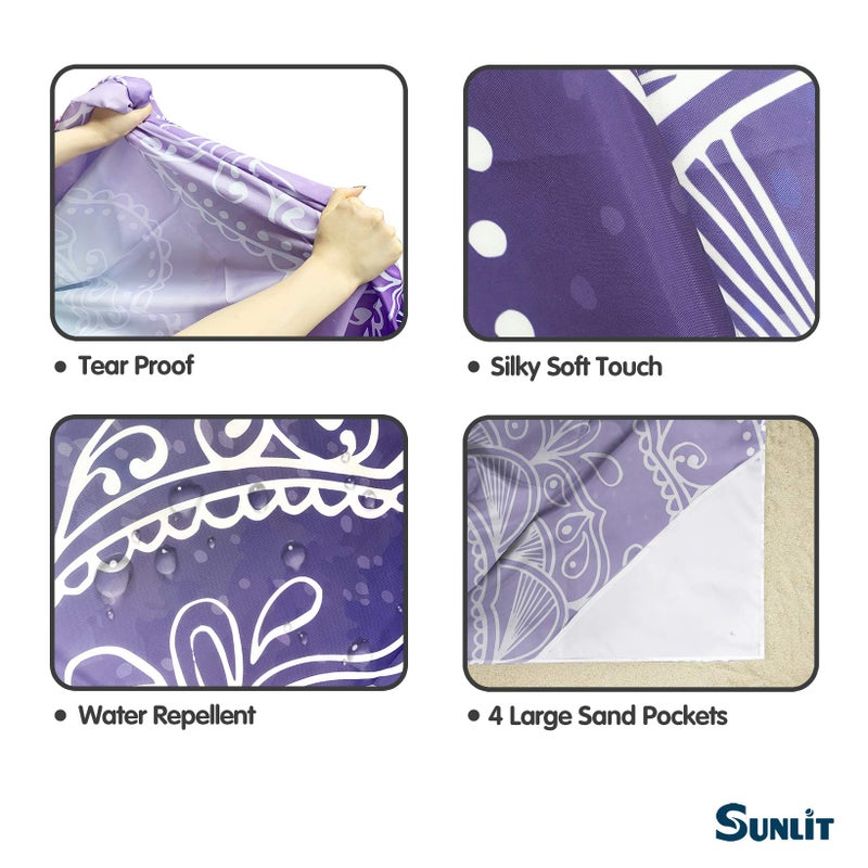 Sunlit Silky Soft 85"x72" Boho Sand Proof Beach Blanket Sand Proof Mat with Corner Pockets and Mesh Bag for Beach Party, Travel, Camping and Outdoor Music Festival, Blue Purple Mandala - Image 5